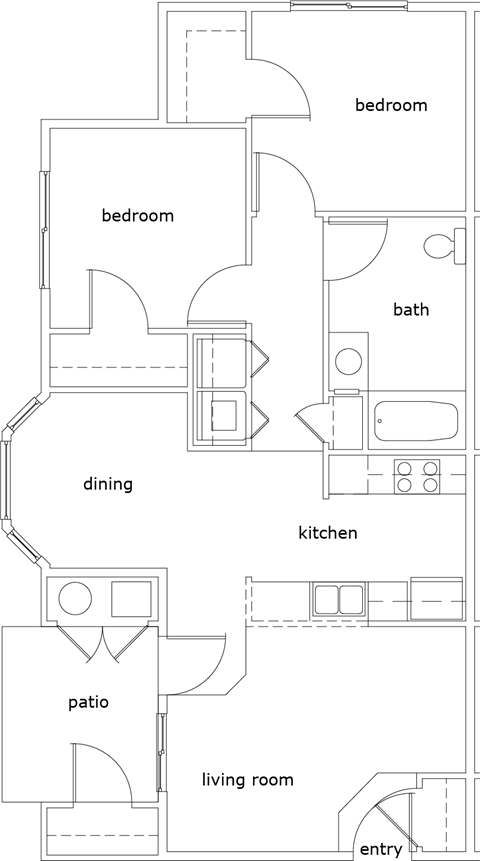 Floor plan for 2 beds, 1 bath, 904 sqft